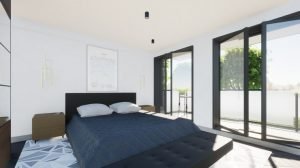 Small Bedroom With Coordinated Carpet and Wall Art.