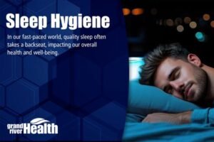 Sleep hygiene awareness graphic showing a person sleeping peacefully with text highlighting the importance of healthy sleep habits for overall health and well-being.