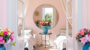 A bright, elegant bedroom viewed through open French doors, featuring two single beds, a round wall mirror, a small table with a turquoise vase of colorful flowers, and soft natural light creating a peaceful atmosphere.