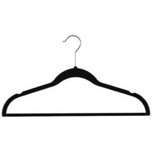 Black velvet clothes hanger with a non-slip surface and slim profile, designed to save wardrobe space and keep garments securely in place.