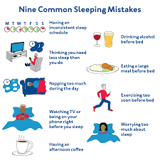Infographic illustrating nine common sleeping mistakes, including inconsistent sleep schedules, alcohol before bed, heavy meals, excessive napping, late-night exercise, screen use before bedtime, worrying, caffeine in the afternoon, and delaying sleep when tired.