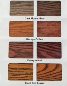 Wood stain color samples showing Dark Flower Pear, Orange Coffee, Cherry Wood, and Black Red Brown finishes with visible natural wood grain patterns.