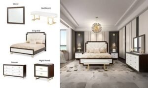 Luxury bedroom furniture set featuring a matching bed, nightstands, dresser, mirror, and bench with coordinated wood and painted finishes.