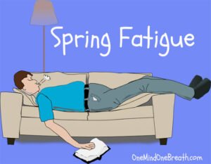 Illustration of a person sleeping on a couch labeled "Spring Fatigue," representing tiredness and low energy during seasonal changes in spring.