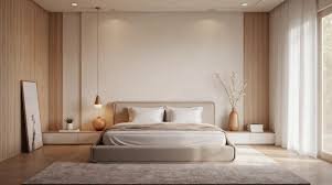 Minimalist bedroom with a low platform bed, warm neutral tones, soft ambient lighting, wooden wall panels, and sheer floor-to-ceiling curtains creating a calm, serene atmosphere.