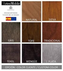Furniture finish color samples featuring natural, Siena, gray, toffee, traditional wood, dark wenge, silver, and custom color options for wooden furniture.