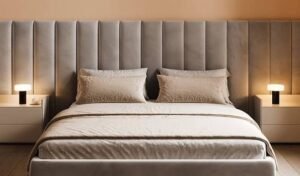 Modern bedroom featuring a tall upholstered panel headboard, neutral beige bedding, matching bedside tables, and warm bedside lamps for a luxurious, calming atmosphere.