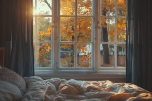 Cozy bedroom with an unmade bed beside a large window overlooking colorful autumn trees, creating a warm and relaxing sleep environment.