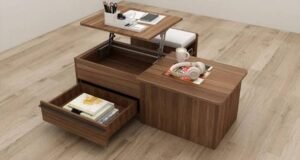 Modern multifunctional wooden coffee table with a lift-top surface, built-in storage compartment, drawer, and hidden seating, designed for space-saving living.