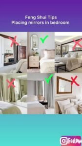 Infographic showing recommended and discouraged Feng Shui mirror placements in a bedroom, with green check marks for ideal locations and red X marks for placements facing the bed.