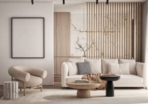 Modern living room featuring matte-finish furniture, neutral colors, wooden slat wall panels, and minimalist décor.