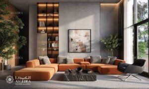 Modern living room featuring a curved sectional sofa, built-in illuminated shelving, large windows, indoor plants, and a minimalist neutral color palette.