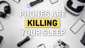 Graphic warning that excessive smartphone use before bedtime can negatively affect sleep quality, surrounded by phones, headphones, gaming controllers, and other electronic devices.