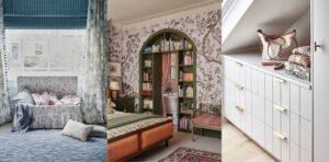 Collage of three creative bedroom storage ideas featuring a built-in window seat with hidden storage, an arched bookshelf integrated into the wall, and under-eaves cabinets with drawers for maximizing small spaces.