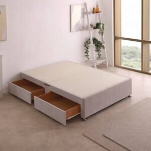 Modern platform bed with built-in storage drawers underneath, providing hidden storage in a bright minimalist bedroom with large windows and neutral décor.