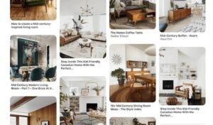 Screenshot of a Pinterest search results page displaying mid-century modern living room inspiration, featuring furniture, décor, fireplaces, dining spaces, and Scandinavian-inspired interiors.