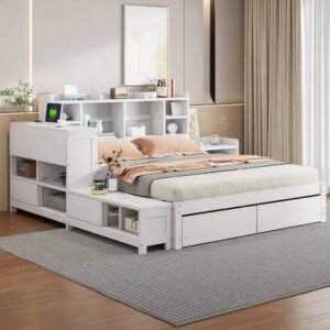 Modern multifunctional storage bed with built-in shelves, drawers, and cabinets in a bright minimalist bedroom, offering smart space-saving storage solutions.