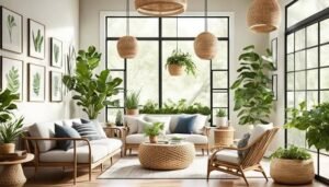 Bright biophilic living room with large windows, indoor plants, woven pendant lights, natural wood furniture, and botanical wall art.