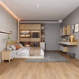 Modern apartment bedroom featuring space-saving furniture with built-in wardrobe, storage bed, floating desk, and minimalist wooden design.