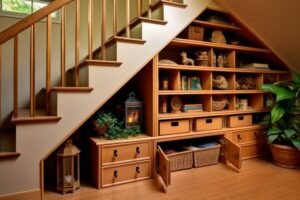 Custom under-stair storage cabinets and open shelving with wooden drawers, baskets, and display shelves for maximizing space in a compact home.