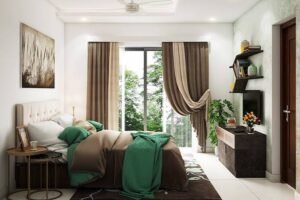 Modern bedroom featuring floor-to-ceiling beige curtains, a large sliding glass door, layered neutral bedding with green accents, and contemporary furniture in a bright, minimalist setting.
