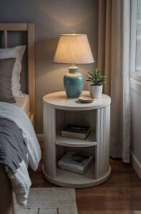 Compact round bedside table with open shelves, table lamp, and small potted plant beside a modern bed in an apartment bedroom.