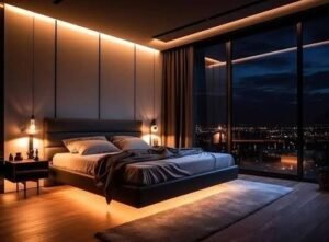 Modern luxury bedroom with warm ambient LED lighting, a low platform bed with gray bedding, floor-to-ceiling windows overlooking a nighttime city skyline, wood flooring, and minimalist contemporary décor creating a cozy, elegant atmosphere.
