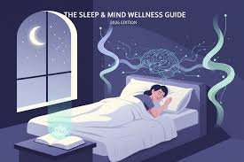 Illustration of a person sleeping peacefully in bed with a moonlit window, brain graphic, and calming bedroom atmosphere representing sleep and mental wellness.