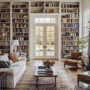 Modern floor-to-ceiling shelving unit with multiple open shelves for displaying books, decorative accessories, plants, and storage baskets while maximizing vertical space in a contemporary room.