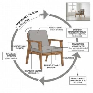 Infographic showing sustainable furniture design with responsibly sourced wood, replaceable hardware, reupholsterable cushions, and recyclable materials.