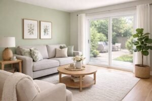 Light-colored apartment bedroom featuring white and beige furniture, neutral décor, and natural lighting to create a spacious and airy atmosphere.