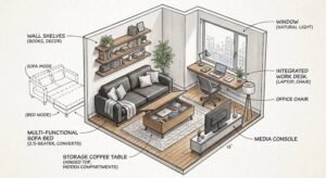 Well-planned apartment bedroom layout with a centrally positioned bed, balanced furniture arrangement, clear walking space, and ample natural light.