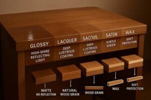 Comparison of wood furniture finishes showing glossy, lacquer, satin, wax, matte, natural wood grain, and sealed wood surface textures.