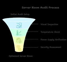 Funnel diagram illustrating a server room audit process, including visual inspection, temperature check, power supply verification, and security assessment leading to an optimized server room.